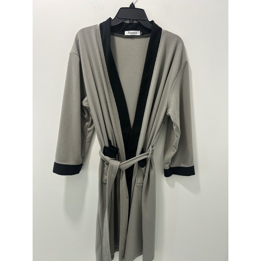 Yimanie Mens Waffle Knit Robe Grey Black Contrast Spa Loungewear Size M